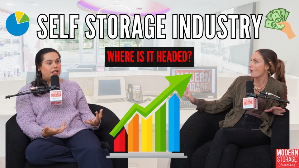 Podcast hosts from Modern Storage® Unpacked discuss 2026 self storage industry trends while seated in the studio, with a chart showing growth and the text “SELF STORAGE INDUSTRY: WHERE IS IT HEADED?” displayed on screen.